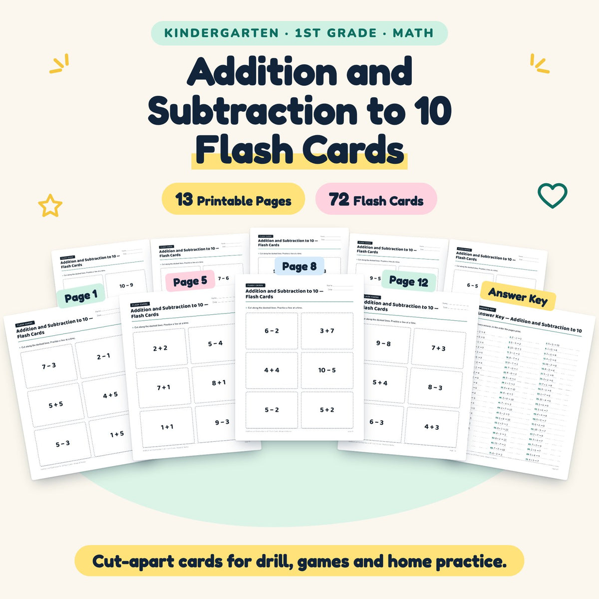 72 Addition and Subtraction to 10 Flash Cards — cover