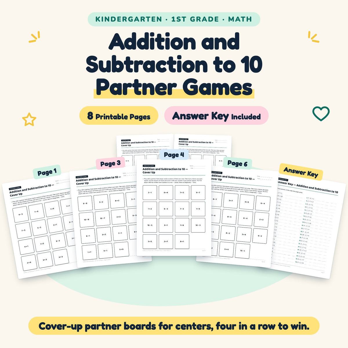 8 Addition and Subtraction to 10 Partner Games — cover