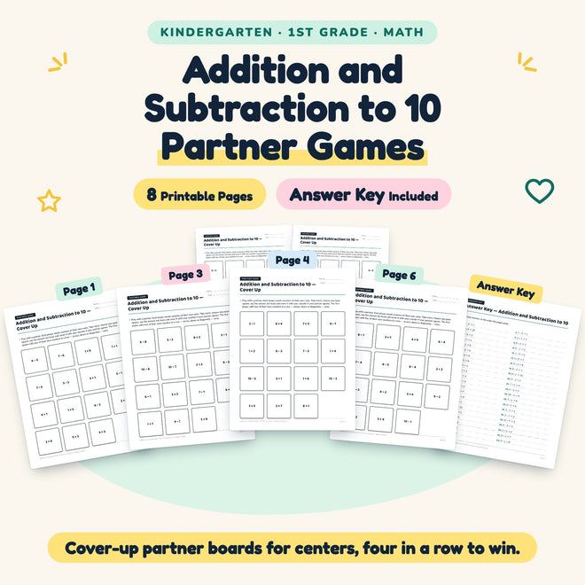 8 Addition and Subtraction to 10 Partner Games — cover