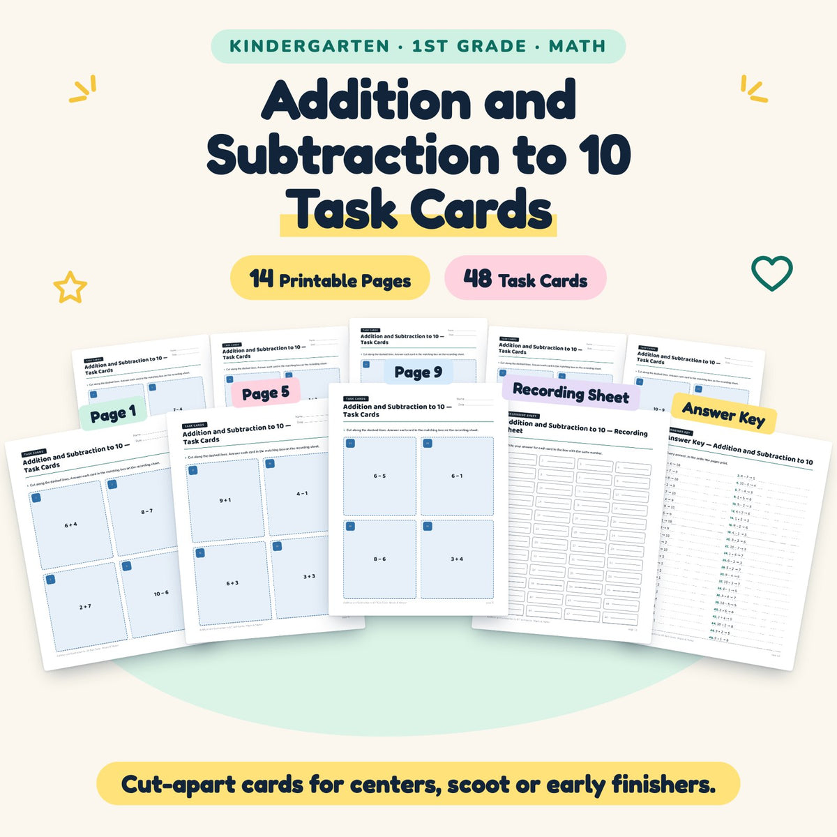48 Addition and Subtraction to 10 Task Cards — cover