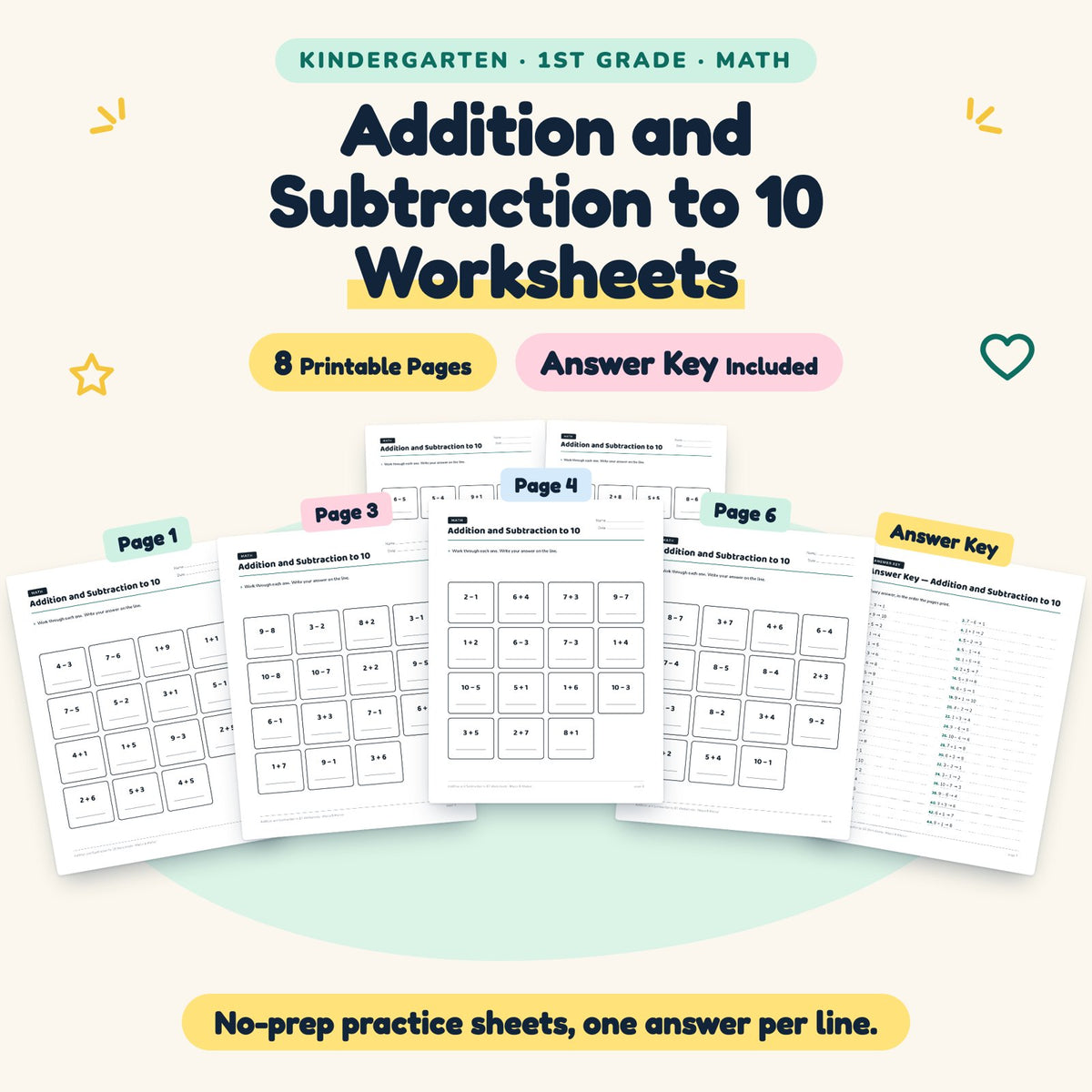 8 Addition and Subtraction to 10 Worksheets — cover