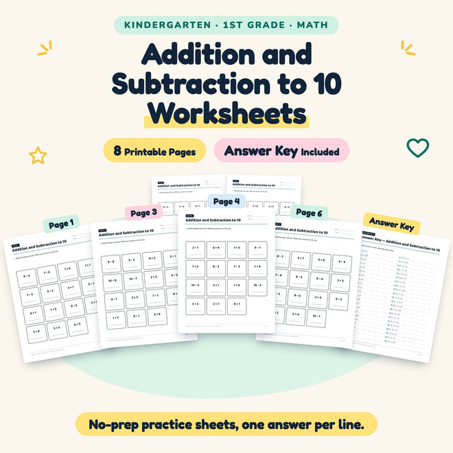 Addition and Subtraction to 10 Worksheets | K–1st Grade Math — cover