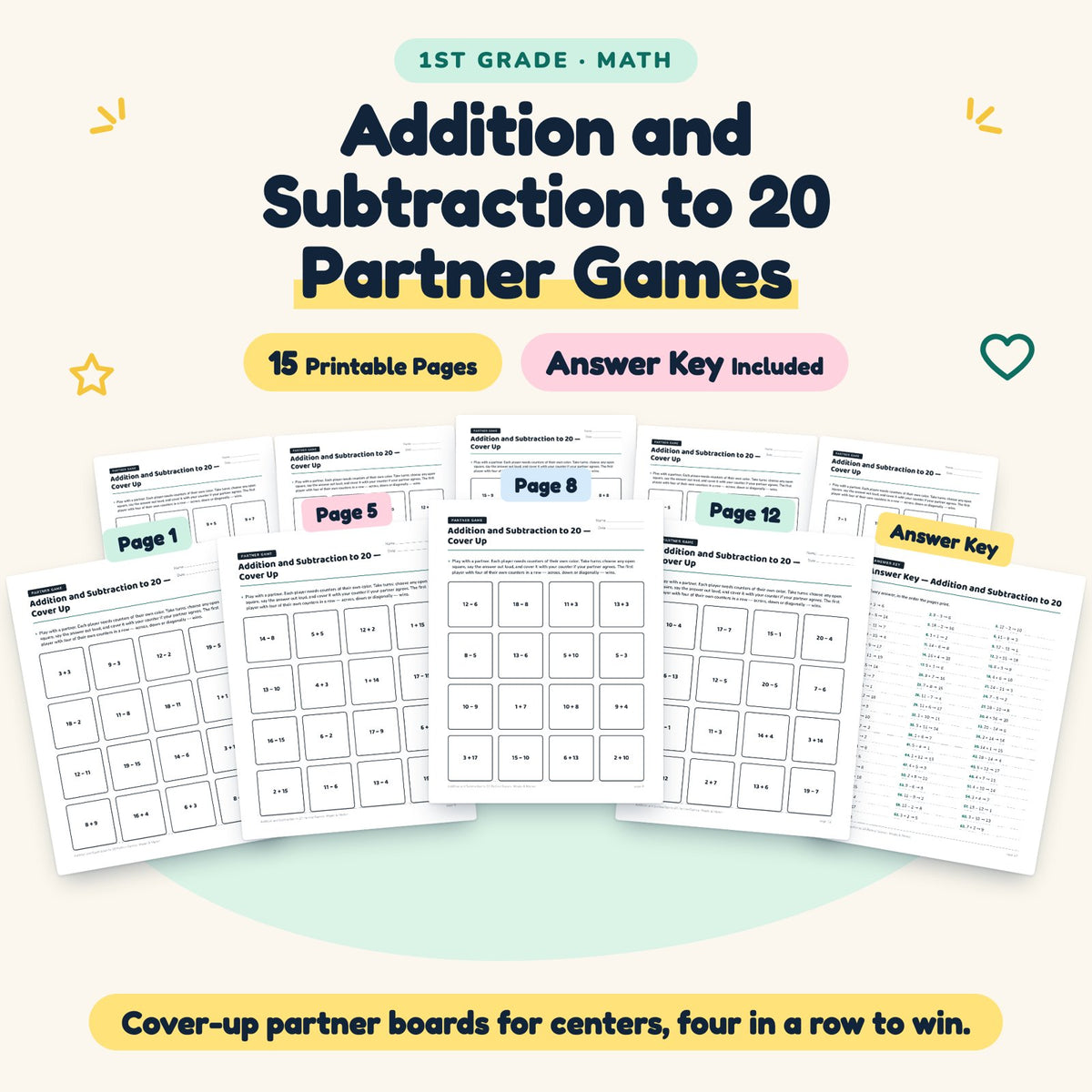 15 Addition and Subtraction to 20 Partner Games — cover