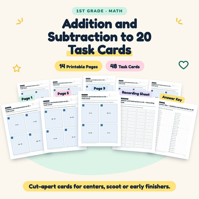 48 Addition and Subtraction to 20 Task Cards — cover