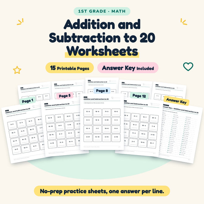 Addition and Subtraction to 20 Worksheets | 1st Grade Math — cover