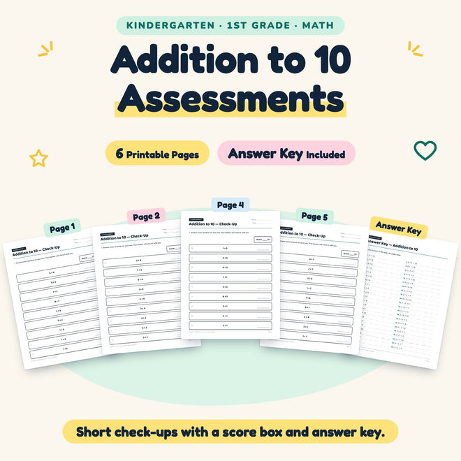 Addition to 10 Assessments | K–1st Grade Math (6 Pages) — cover