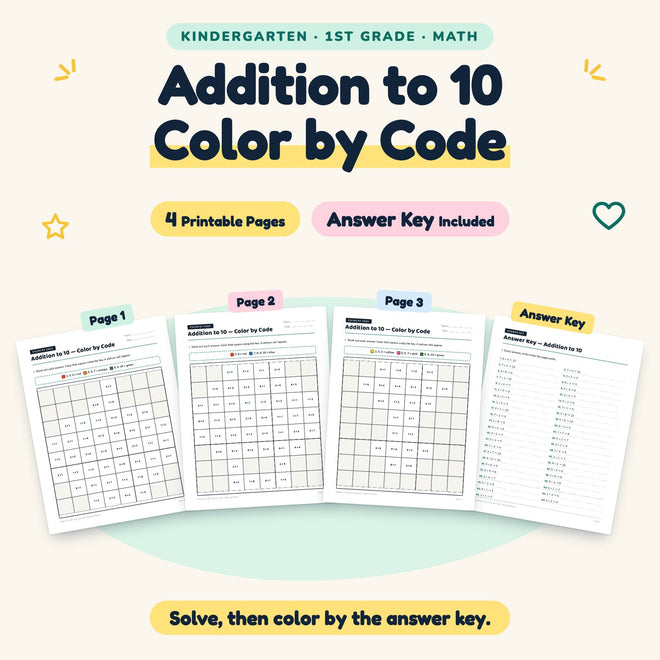 Addition to 10 Color by Code | K–1st Grade Math (4 Pages) — cover