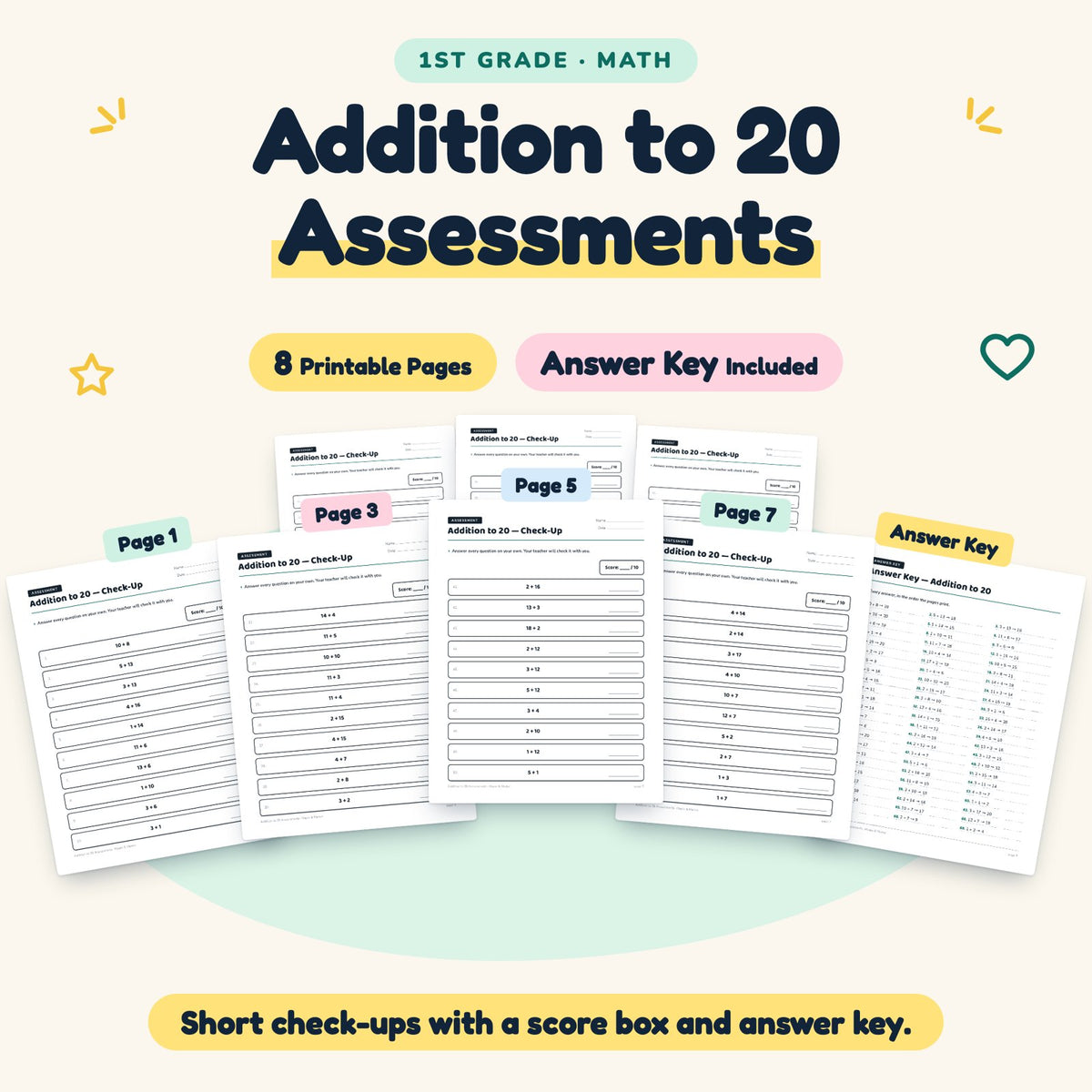 Addition to 20 Assessments | 1st Grade Math (7 Pages) — cover
