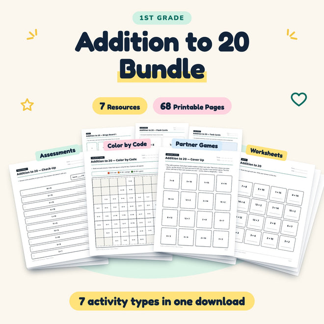 Addition to 20 Bundle | 1st Grade (7 Resources, 67 Pages) — cover