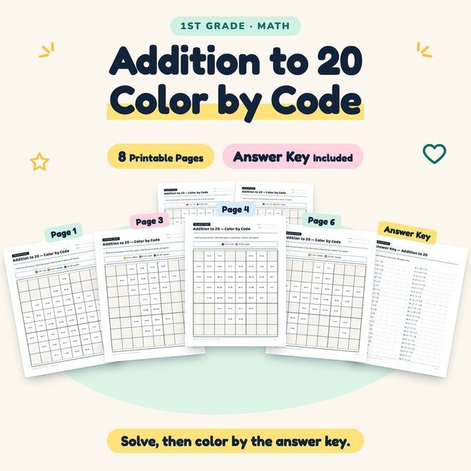 Addition to 20 Color by Code | 1st Grade Math (8 Pages) — cover