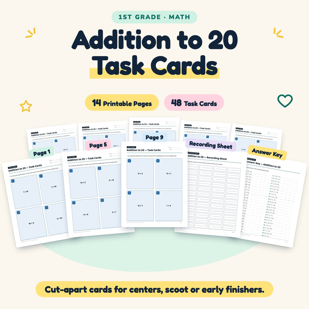 Addition to 20 Task Cards | 1st Grade Math (48 Cards) — cover