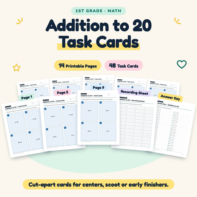 Addition to 20 Task Cards | 1st Grade Math (48 Cards) — cover