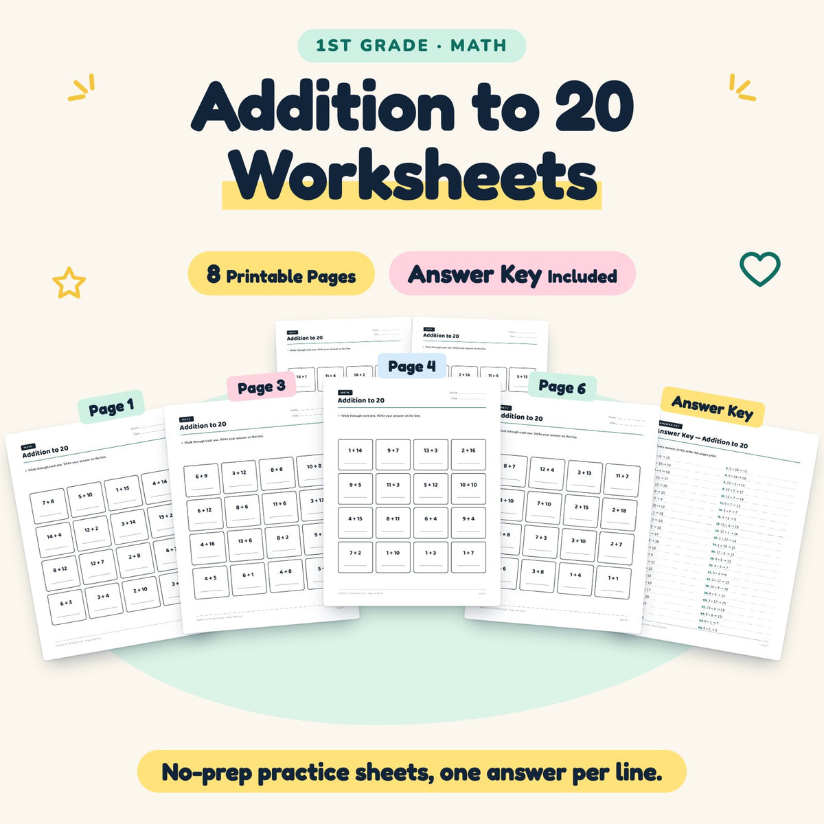 8 Addition to 20 Worksheets — cover
