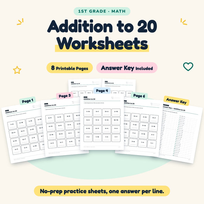 8 Addition to 20 Worksheets — cover
