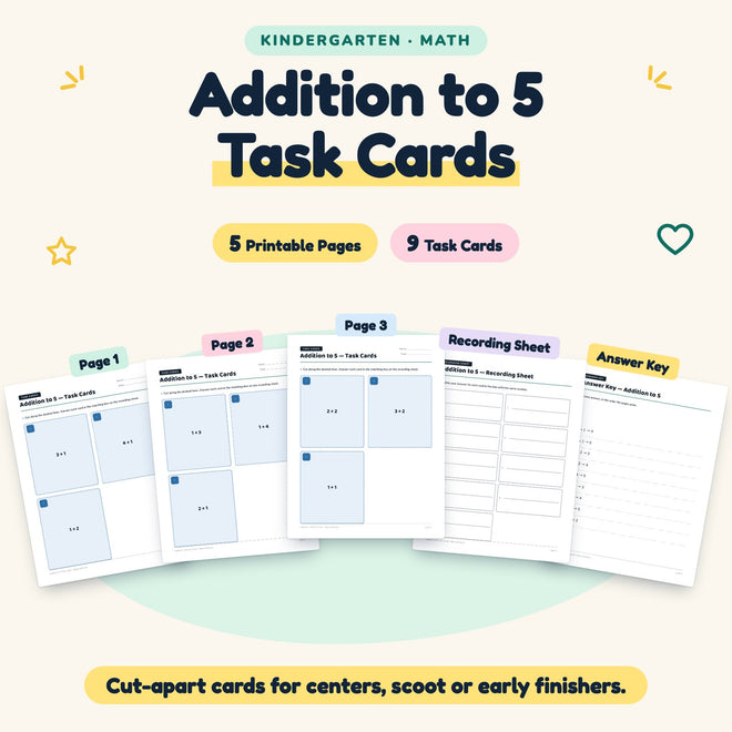 Addition to 5 Task Cards | Kindergarten Math (9 Cards) — cover