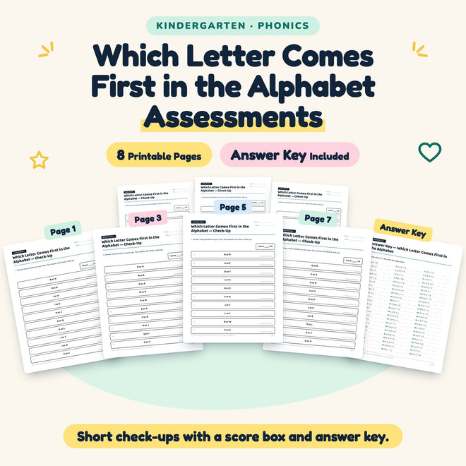 Which Letter Comes First in the Alphabet Assessments | Kindergarten — cover