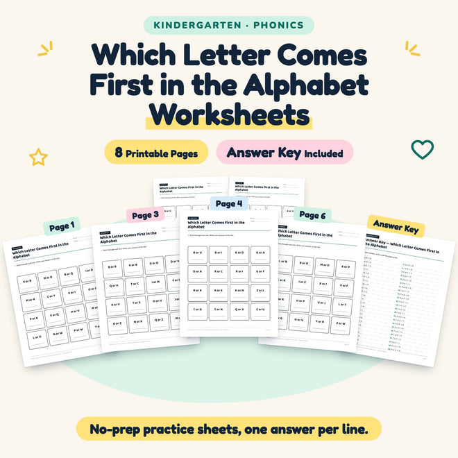 8 Which Letter Comes First in the Alphabet Worksheets — cover
