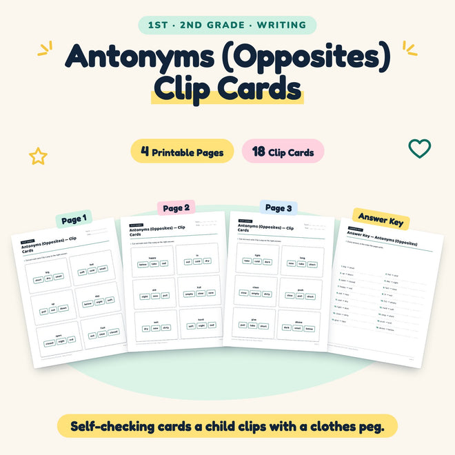 18 Antonyms (Opposites) Clip Cards — cover