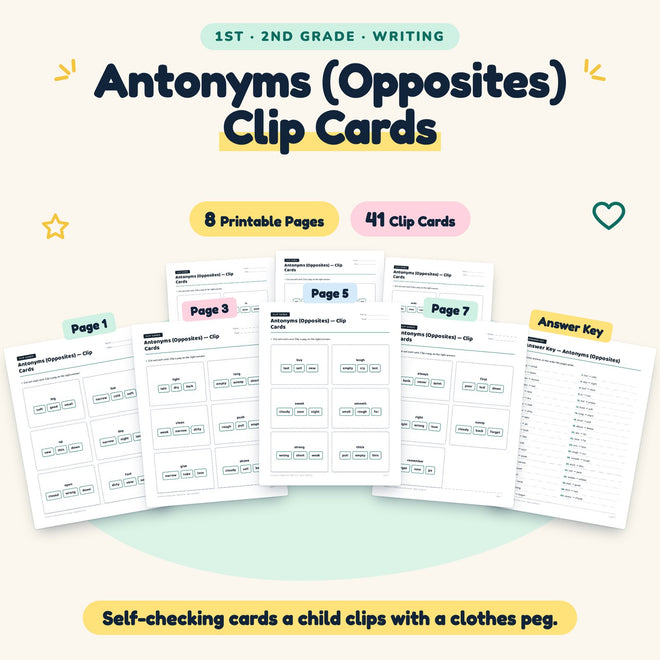 Antonyms (Opposites) Clip Cards | 1st–2nd Grade (18 Cards) — cover