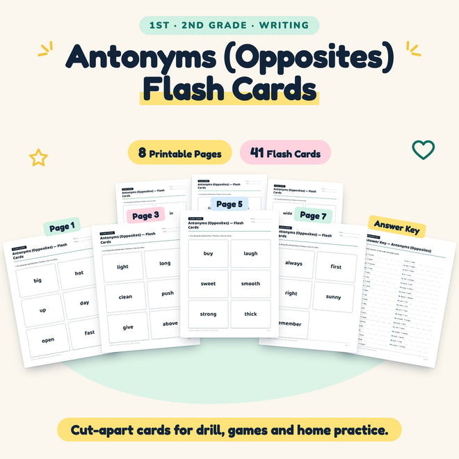 Antonyms (Opposites) Flash Cards | 1st–2nd Grade (18 Cards) — cover