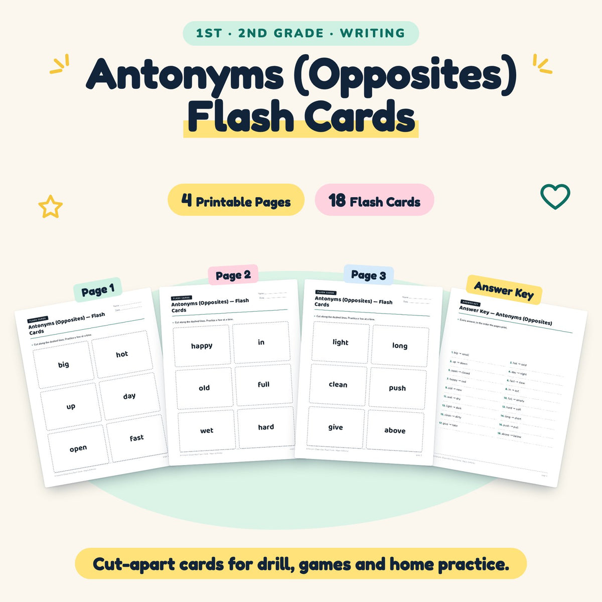 18 Antonyms (Opposites) Flash Cards — cover
