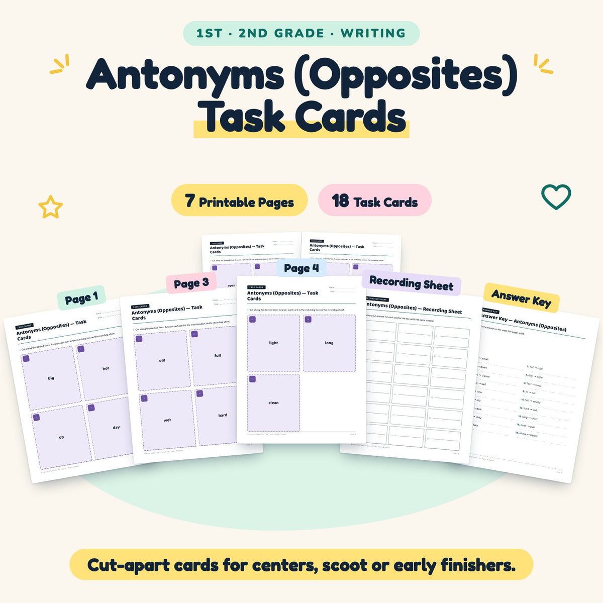 18 Antonyms (Opposites) Task Cards — cover