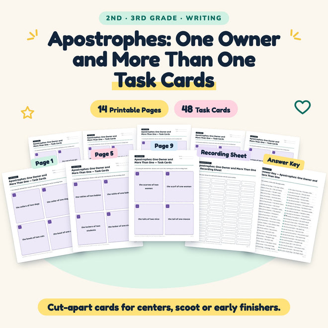 Apostrophes Task Cards | 2nd–3rd Grade Grammar (36 Cards) — cover
