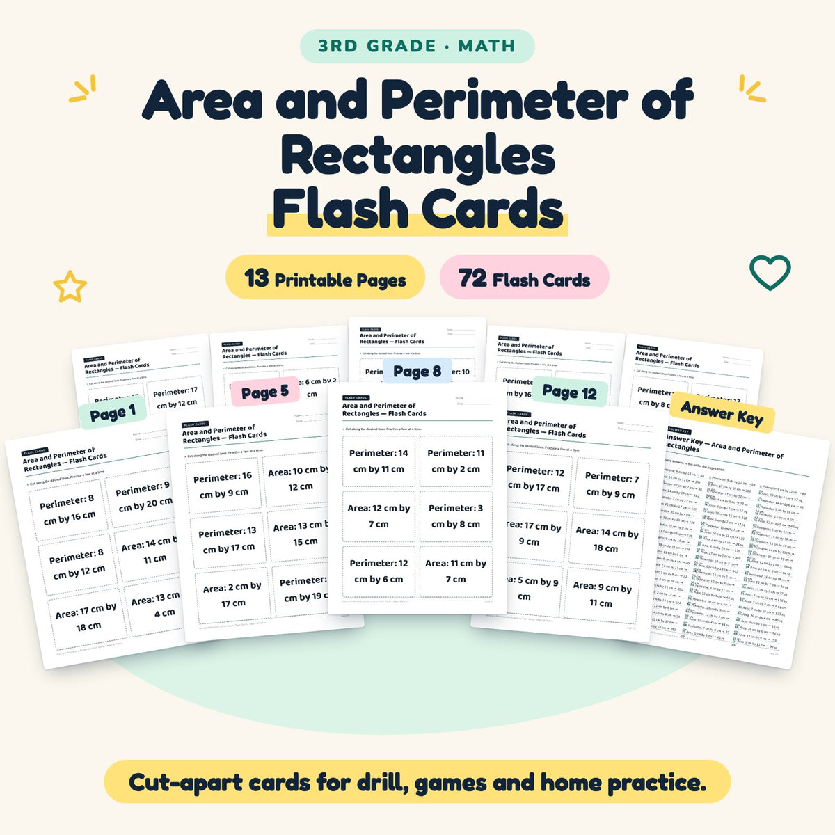 72 Area and Perimeter of Rectangles Flash Cards — cover