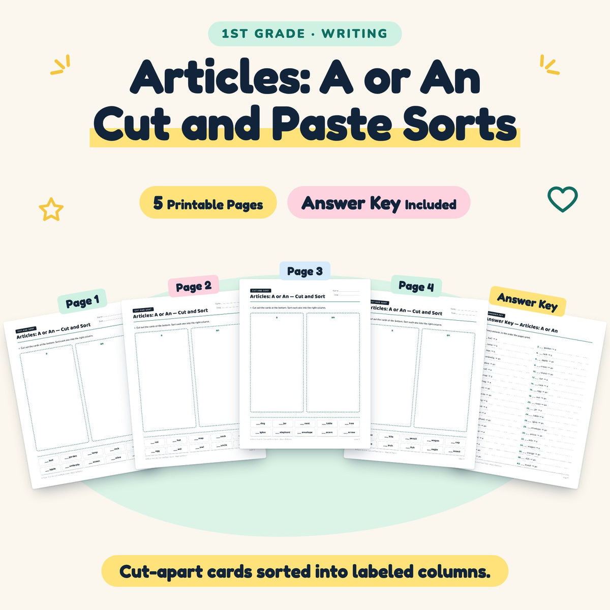 5 Articles: A or An Cut and Paste Sorts — cover