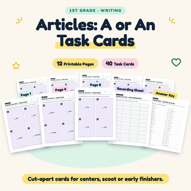 40 Articles: A or An Task Cards — cover