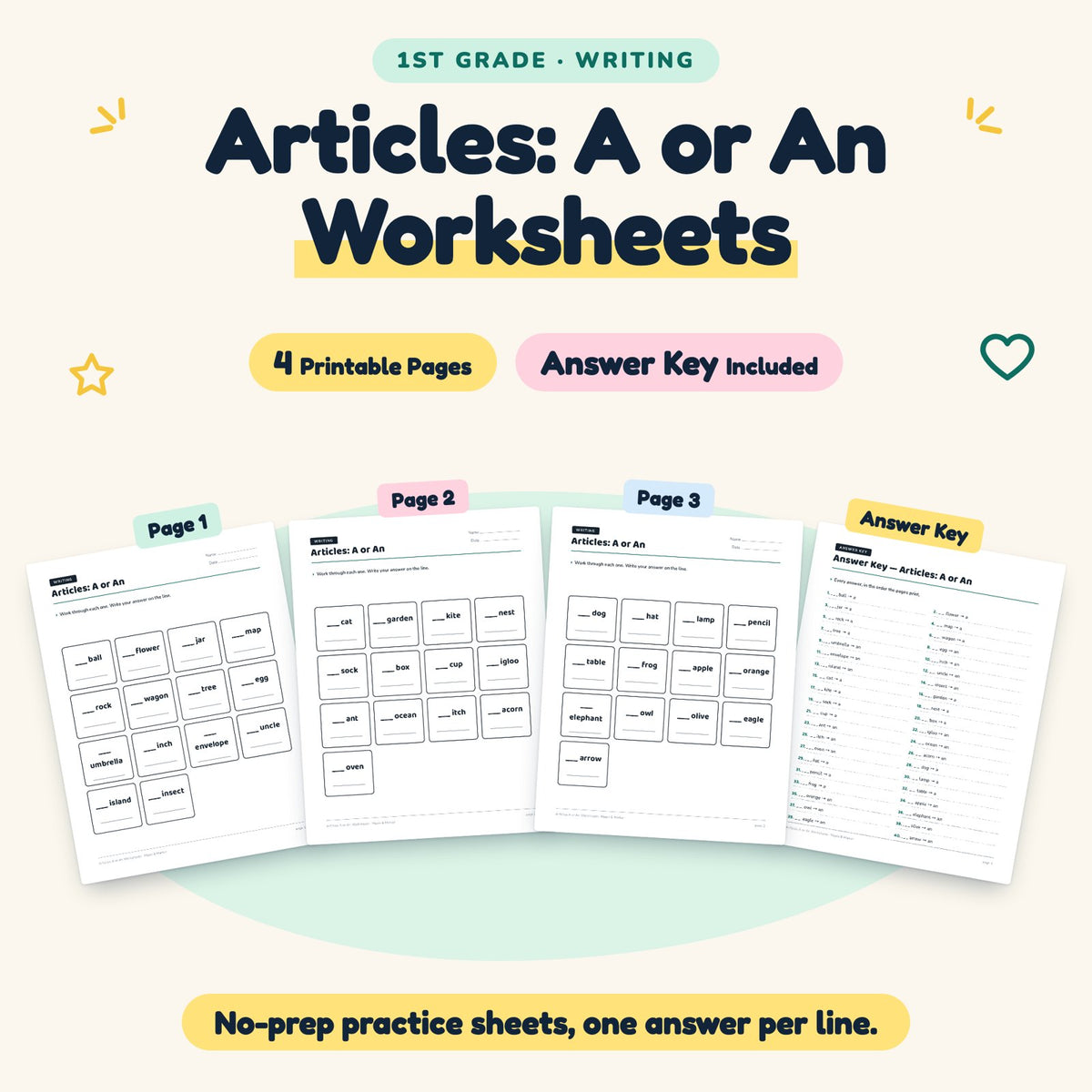 4 Articles: A or An Worksheets — cover
