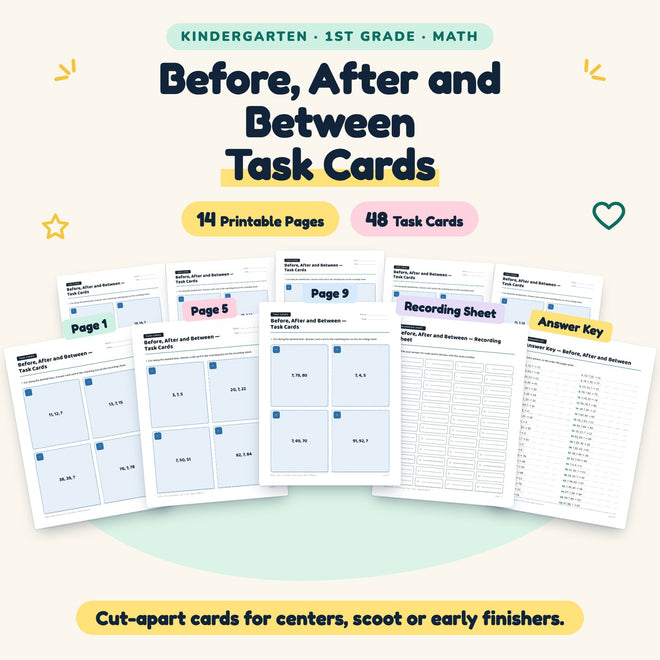 Before, After and Between Task Cards | K–1st Grade Math — cover