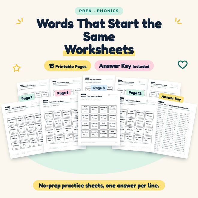 Words That Start the Same Worksheets | Preschool (14 Pages) — cover
