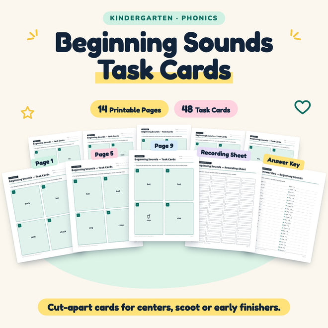 Beginning Sounds Task Cards | Kindergarten (48 Cards) — cover