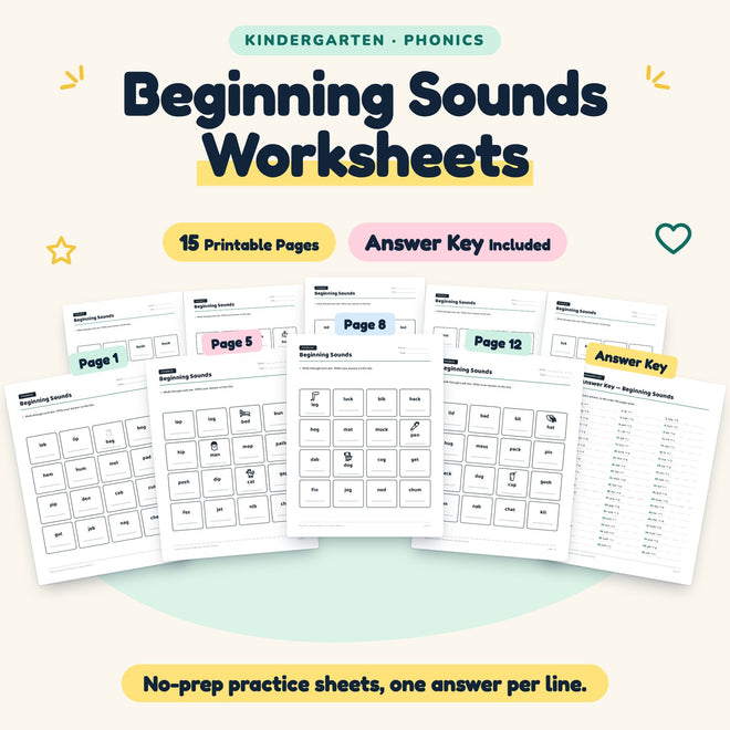 Beginning Sounds Worksheets | Kindergarten (14 Pages) — cover