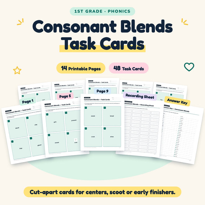 Consonant Blends Task Cards | 1st Grade Phonics (48 Cards) — cover