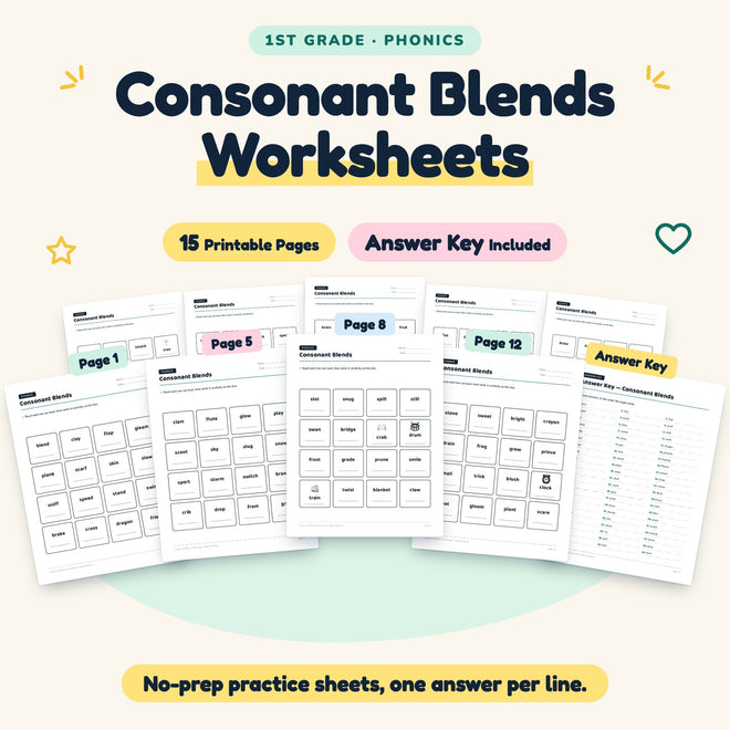 Consonant Blends Worksheets | 1st Grade Phonics (10 Pages) — cover