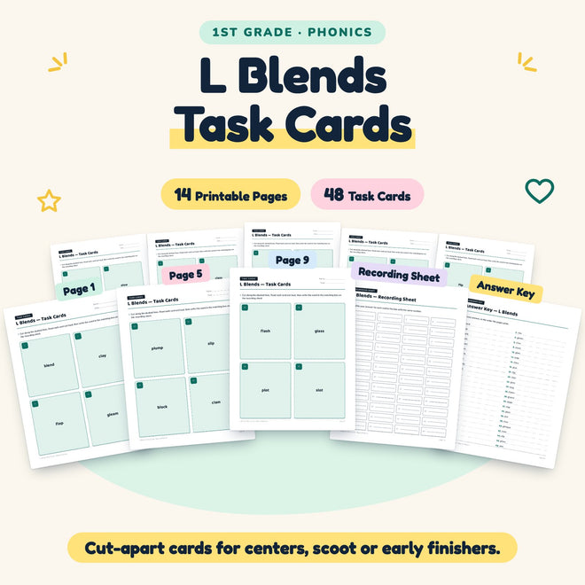 L Blends Task Cards | 1st Grade Phonics (36 Cards) — cover