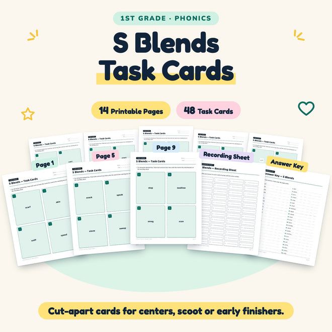 S Blends Task Cards | 1st Grade Phonics (42 Cards) — cover