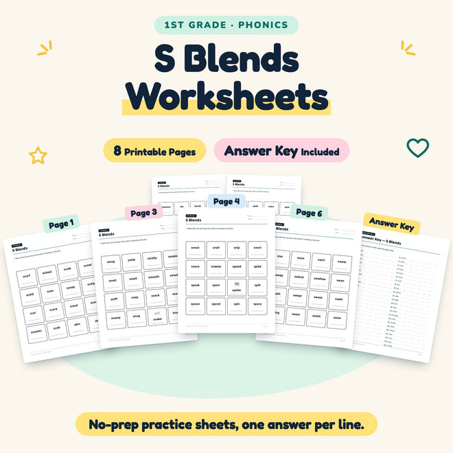 S Blends Worksheets | 1st Grade Phonics (4 Pages) — cover