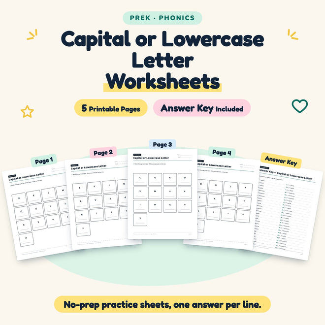 5 Capital or Lowercase Letter Worksheets — cover