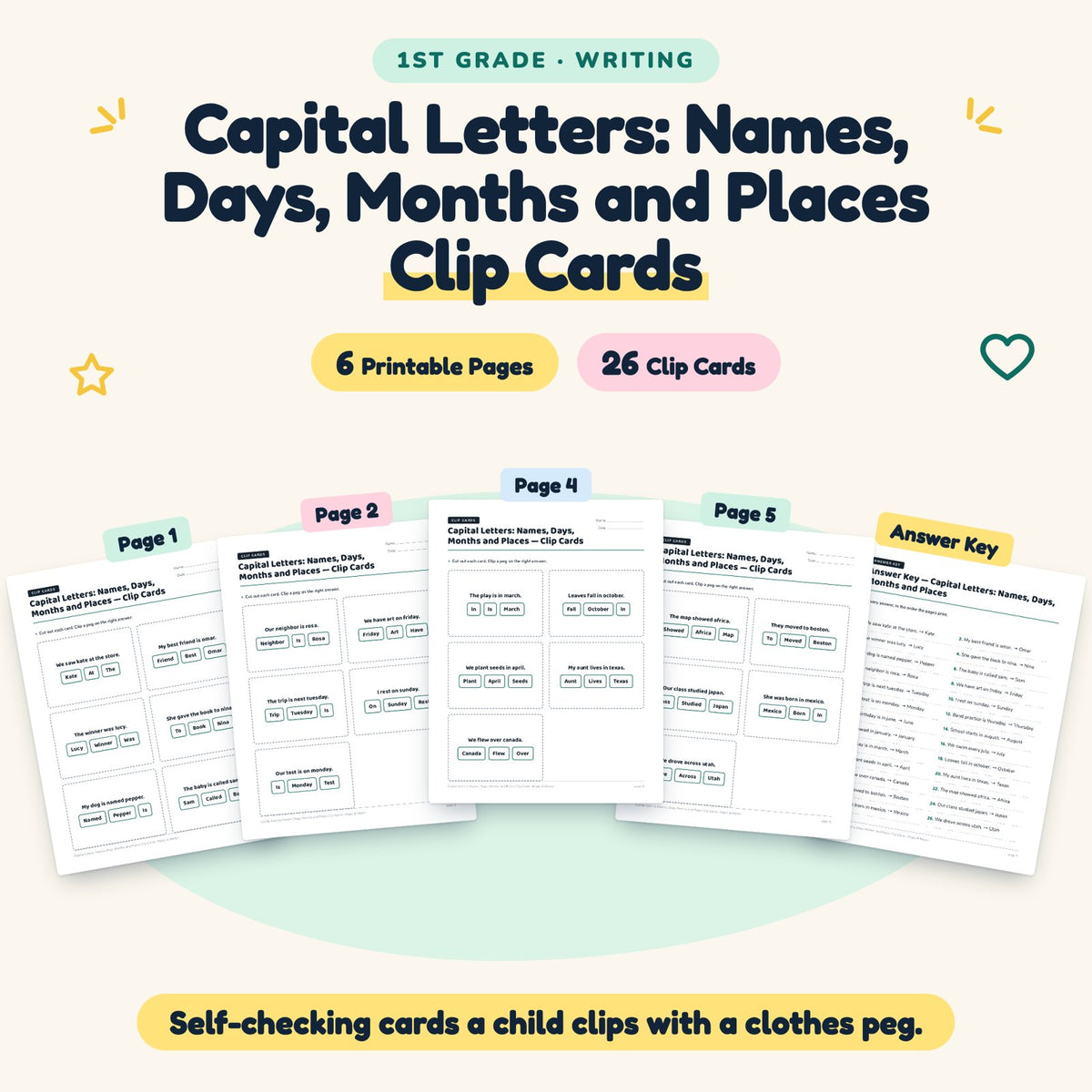 26 Capital Letters: Names, Days, Months and Places Clip Cards — cover