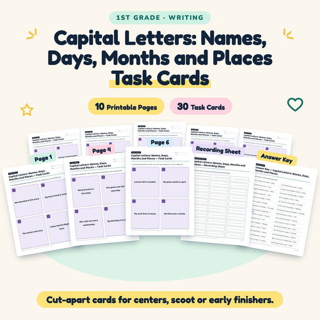 30 Capital Letters: Names, Days, Months and Places Task Cards — cover