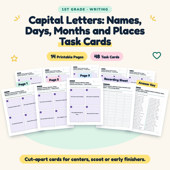 Capital Letters Task Cards | 1st Grade Grammar (30 Cards) — cover