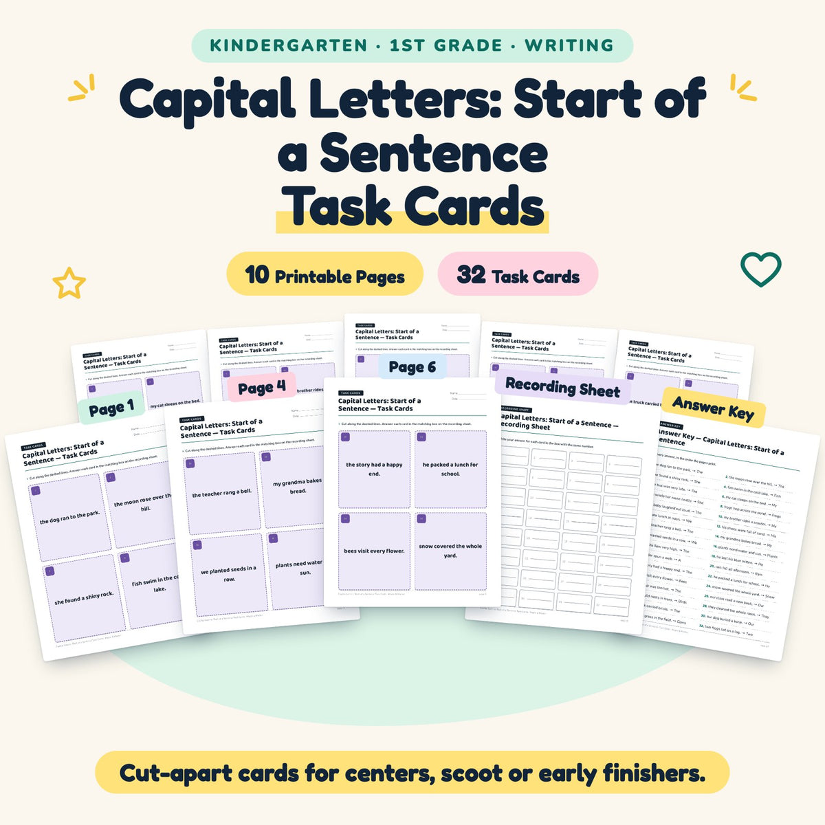 32 Capital Letters: Start of a Sentence Task Cards — cover