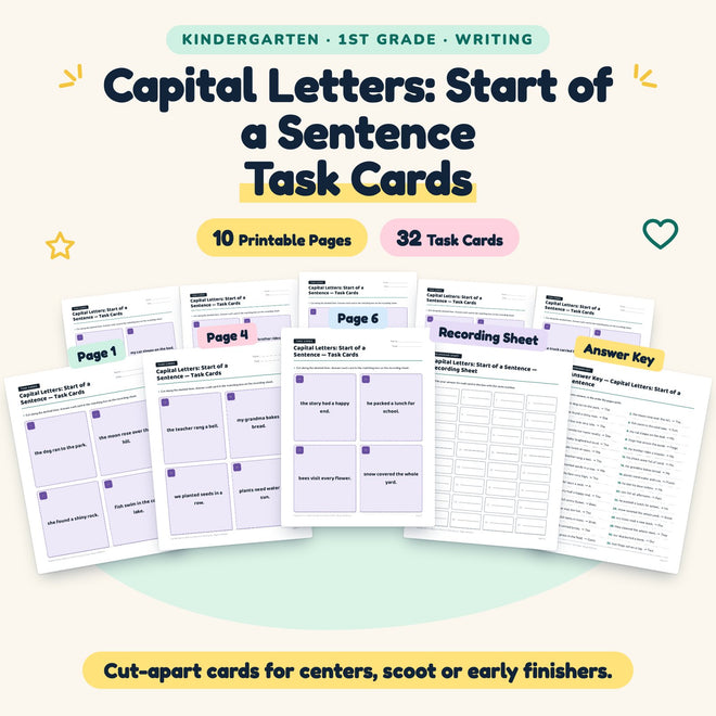 32 Capital Letters: Start of a Sentence Task Cards — cover