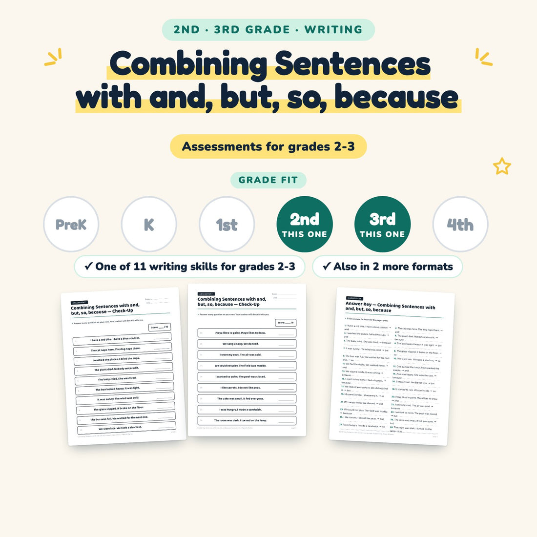 Combining Sentences with and, but, so, because: skill and grade fit