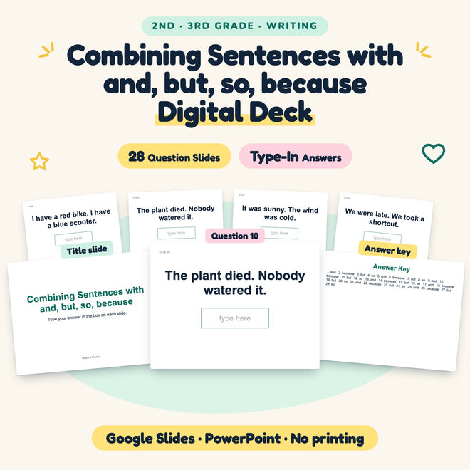 28 Question Combining Sentences with and, but, so, because Digital Deck — cover