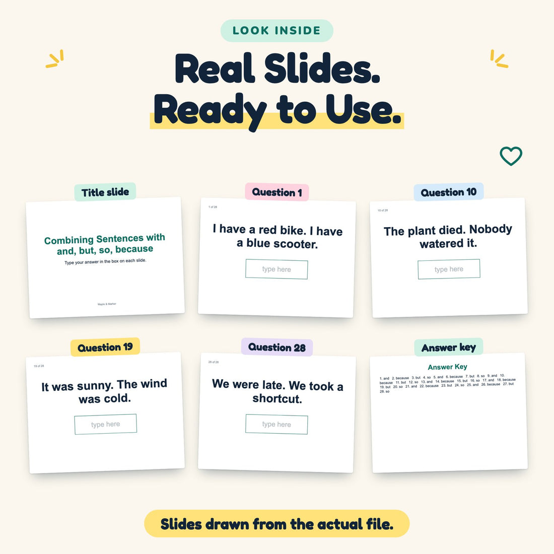 Combining Sentences with and, but, so, because digital deck: look inside