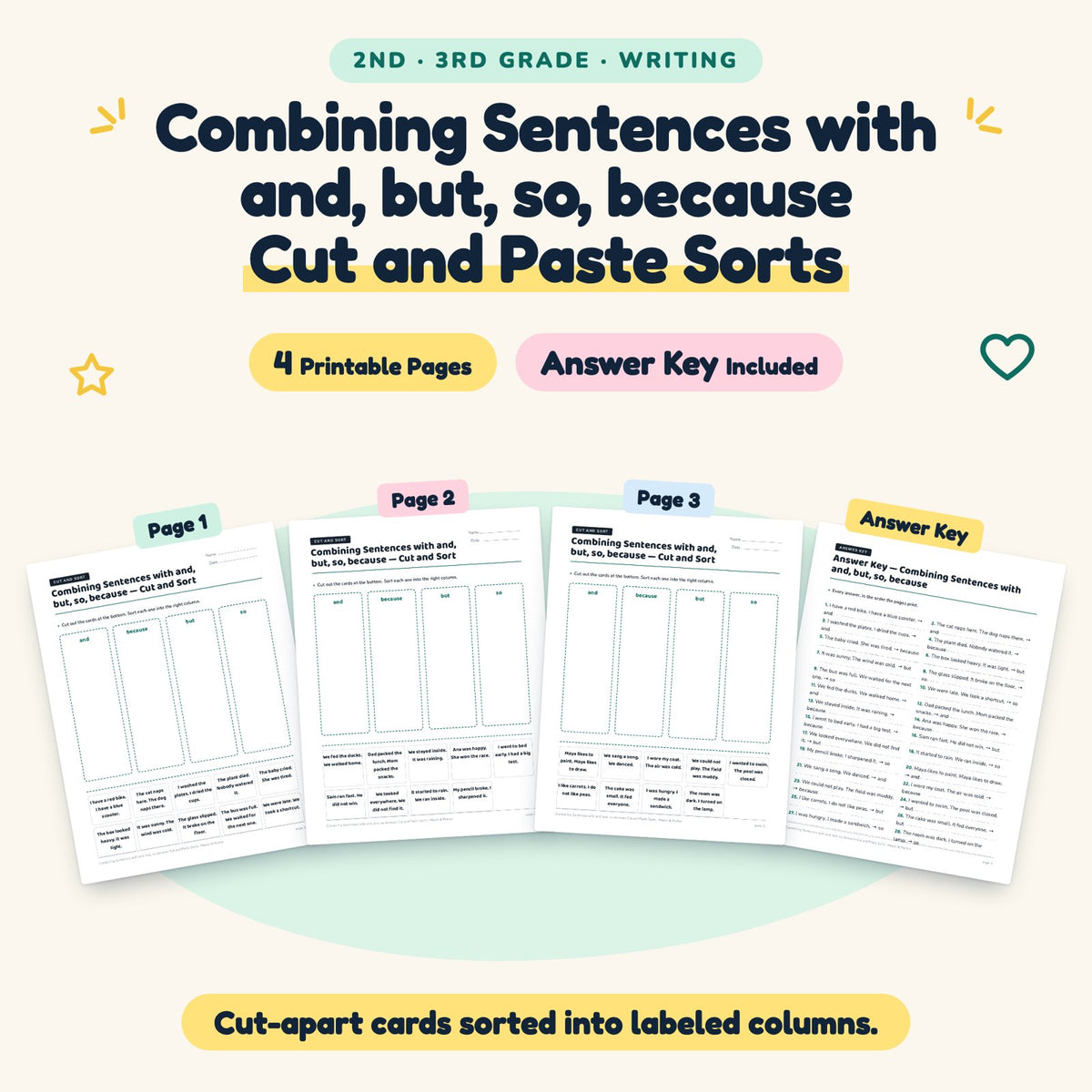 4 Combining Sentences with and, but, so, because Cut and Paste Sorts — cover